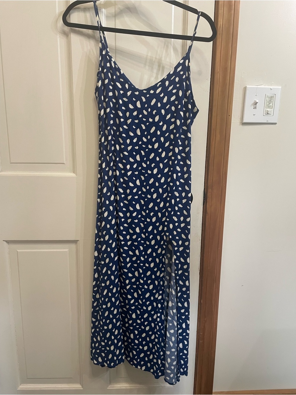 Reformation Blue Slip Dress with White Dot Print Leg Slit Size 8 Medium